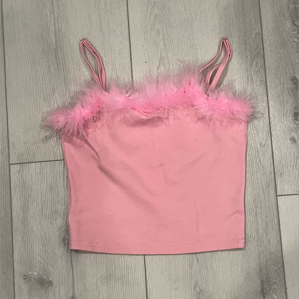 Faux-feather pink crop top